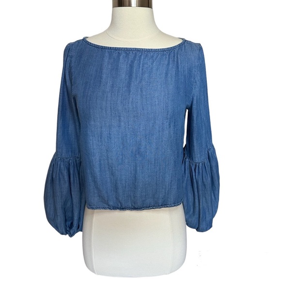 American Eagle Outfitters/Chambray Balloon Sleeve Long Sleeve Cropped Top - Picture 1 of 6